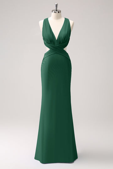 Vestido de dama de honor largo fruncido con cuello en V azul real